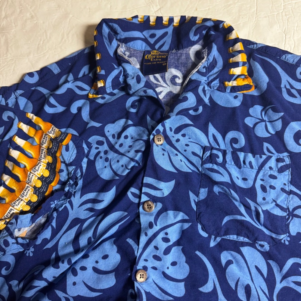 Corona‎ Extra Mens XXL Blue Tropical Hibiscus Beer Bottle Print Camp Shirt